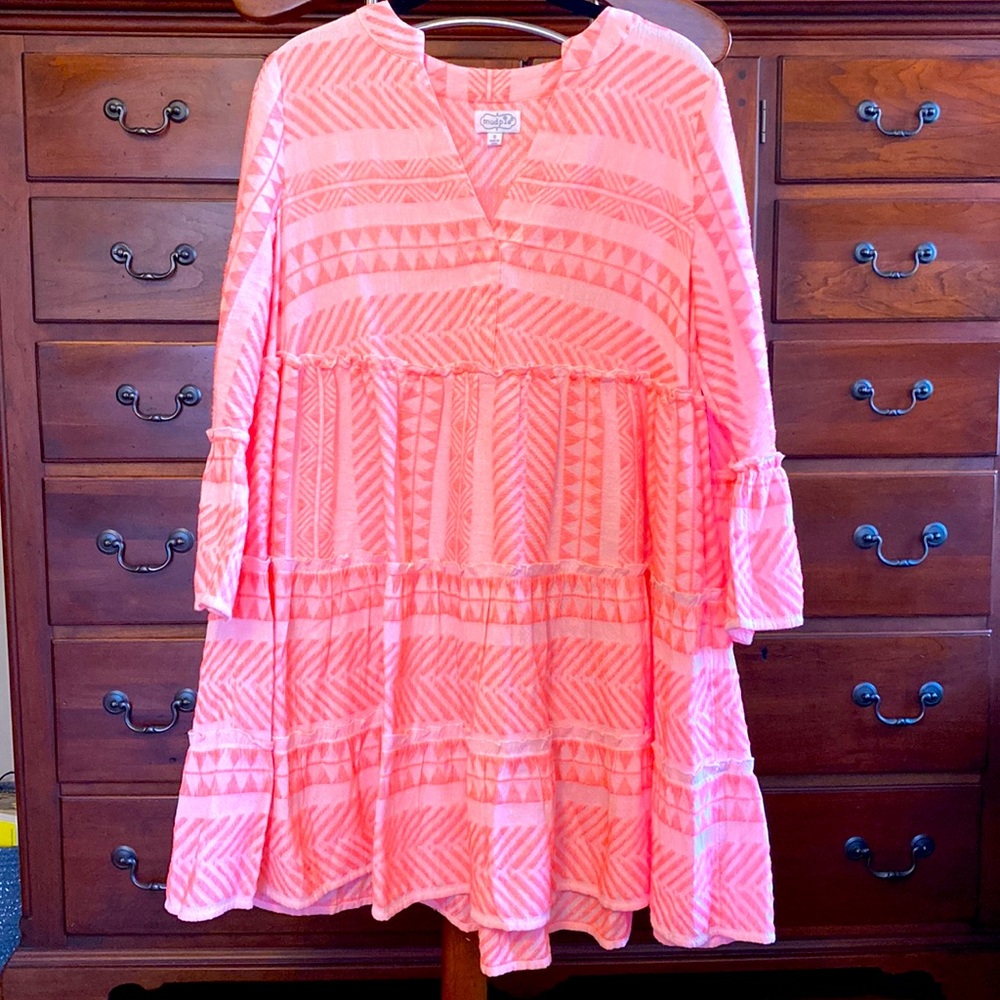 Mud Pie Pink Geometric Long Sleeve Tiered Dress